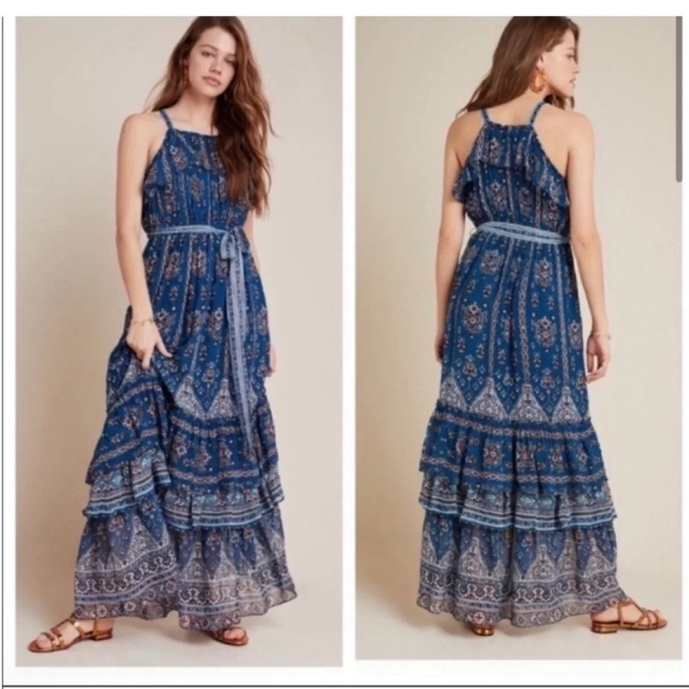 Anthropologie Ruffle Tie Maxi Tiered Sasha NEW Boho Cottage tribal Flowy Floral
